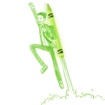Illustration in green crayon of a man with a rocket pack blasting off