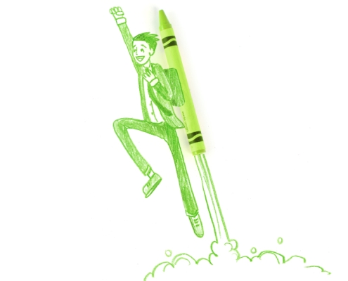Illustration in green crayon of a man with a rocket pack blasting off