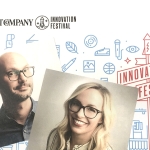 Photos of Seed's Lauren Selman and Eric Scheer laid on top of a brochure for the Fast Company Innovation Festival