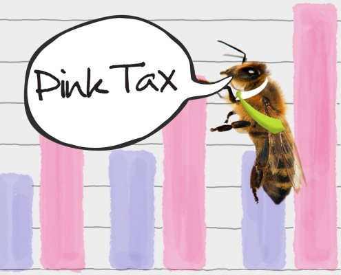 Bee over a blue and pink bar chart illustrating the impact of the pink tax