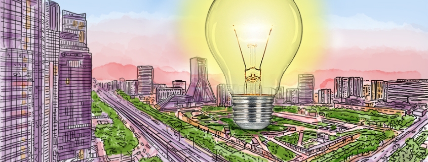 Watercolor of a cityscape with a giant lightbulb symbolizing innovation conferences