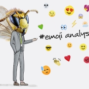 Bee in a suit with the term emoji analysis and several illustrated emojis