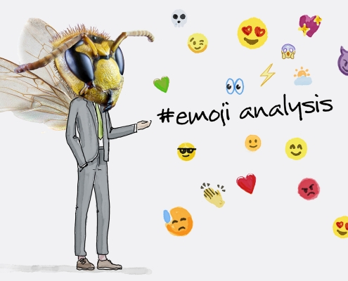 Bee in a suit with the term emoji analysis and several illustrated emojis