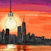 City skyline at sunset with an illuminating lightbulb as the sun