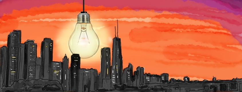 City skyline at sunset with an illuminating lightbulb as the sun