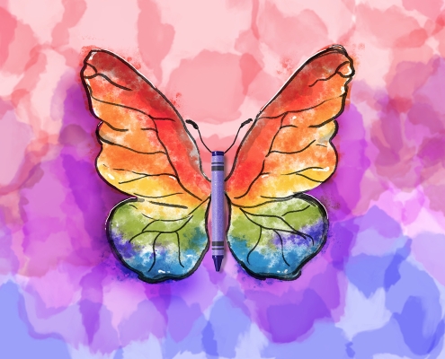 Watercolor image of butterfly with crayon as its body