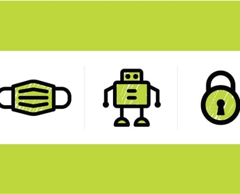 mask, robot and padlock icons to symbolize top-trending business themes revealed by social listening