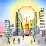 Large lightbulb in the midst of skyscraper buildings, signifying the top innovation conferences 2022