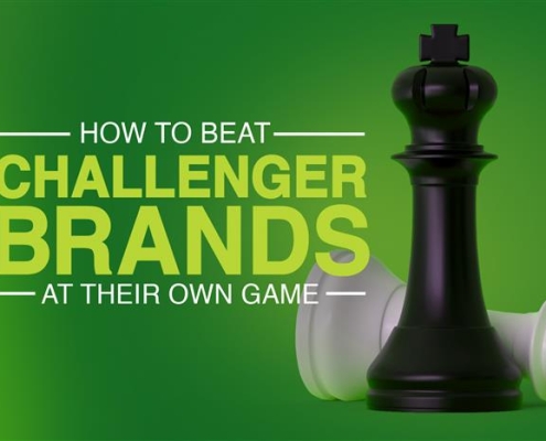 Chess pieces with text saying, "How to beat challenger brands at their own game."
