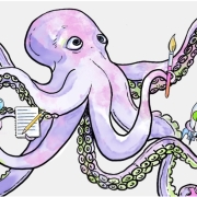 Octopus holding objects representing the 8 practices of disruptive innovation