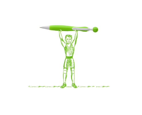 Power lifter hoisting giant pen to symbolically show how to lift headlines to a new level