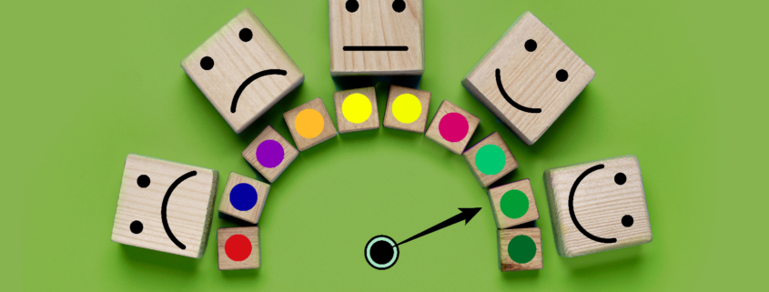 image of a colorful dial and emoji-faced blocks to represent dialing up empathy