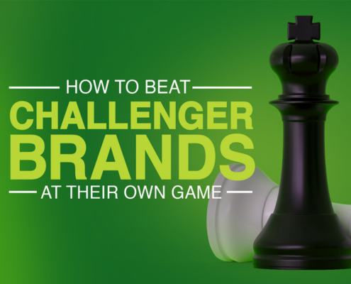 Chess pieces with text saying, "How to beat challenger brands at their own game."